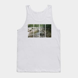 A static shot of the clear water of a mountain stream between rocks and stones; beautiful nature in a sunny day; no people around Tank Top